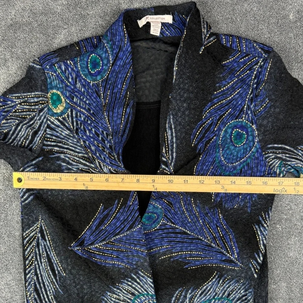 JM Collection Women Peacock Feather Print Open Front Cardigan Jacket Black Small